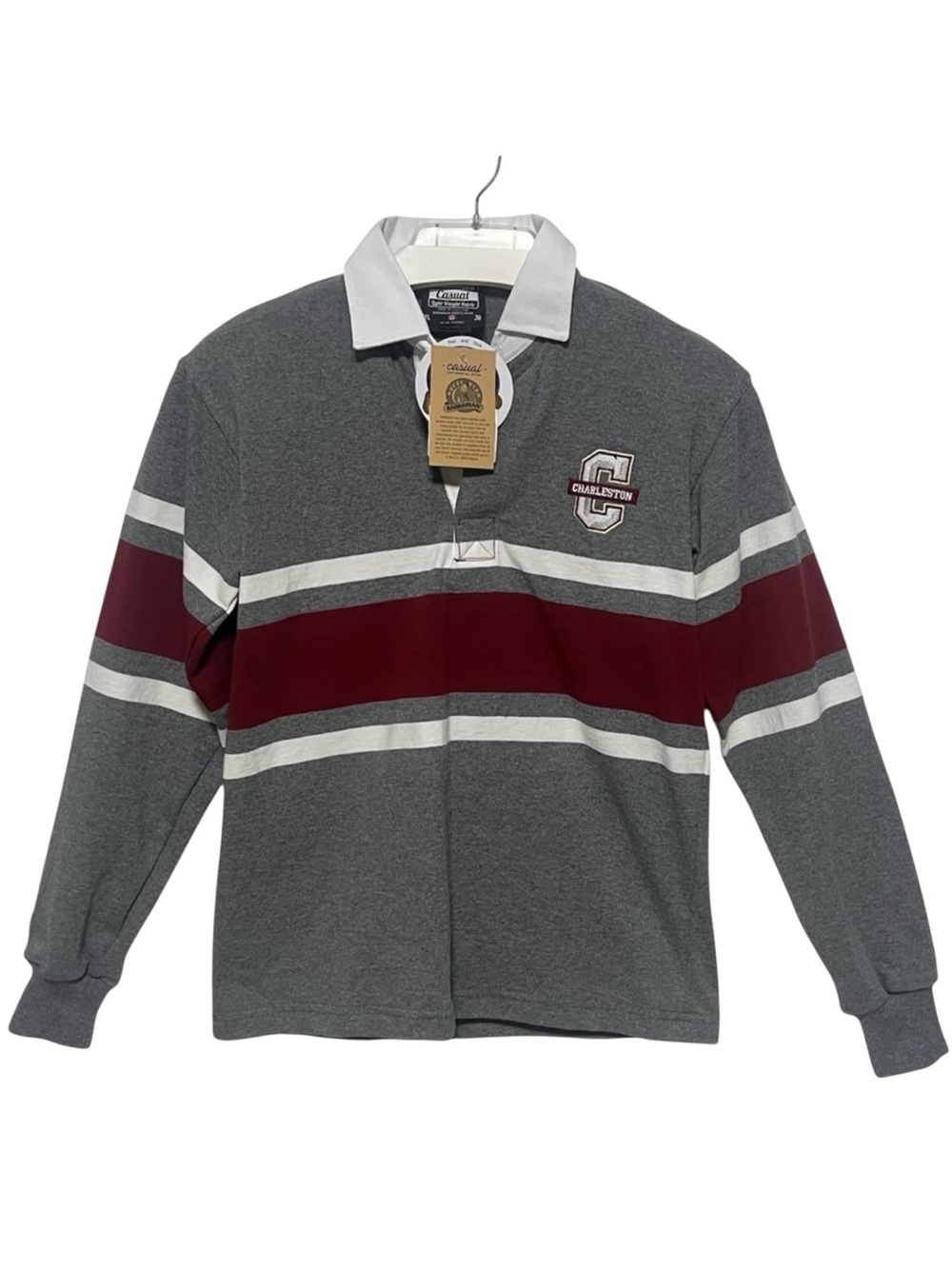 Barbarian Casual Rugby Shirt Gray Stripe Long Sleeve Polo Youth Large Charleston
